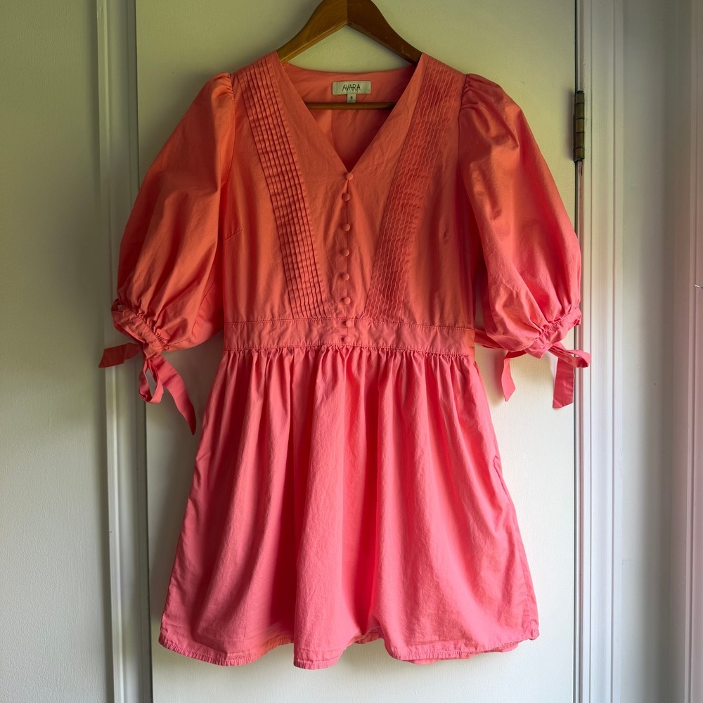Avara Pink Cotton Puff Sleeve Pleated Button Front Mini Dress Coral Small